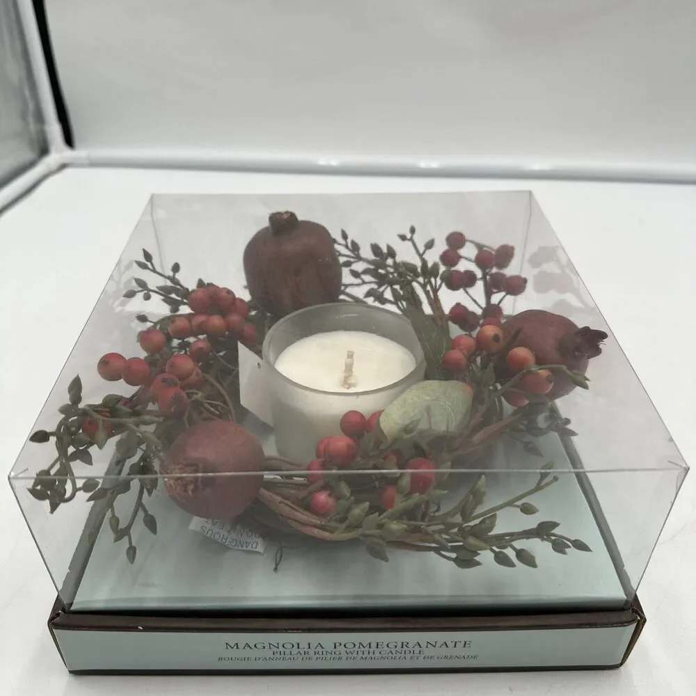 NOS Restoration Hardware Christmas Magnolia Pomegranate Pillar Ring with Candle